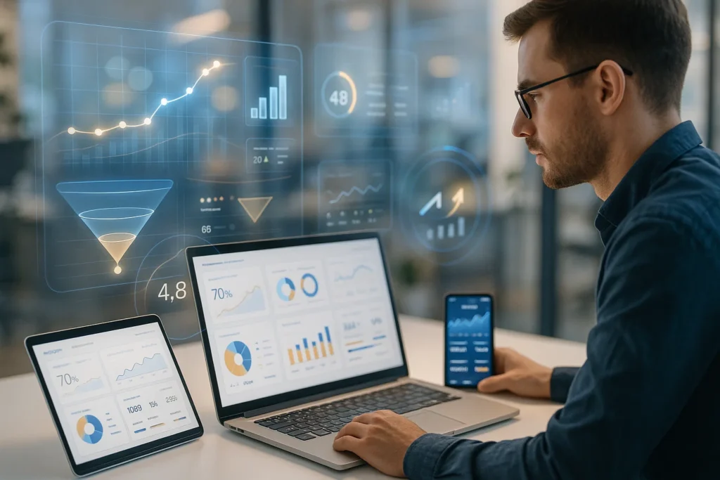 AI analytics dashboard with marketing performance charts reviewed by a data analyst.