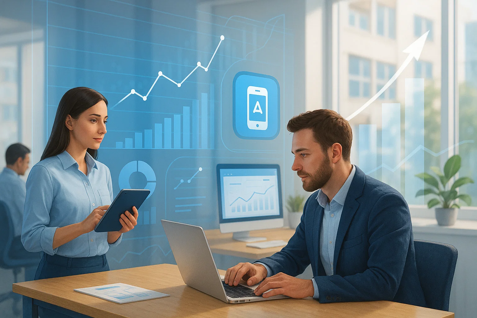 B2B software team analyzing app growth metrics and reviewing SEO performance trends.