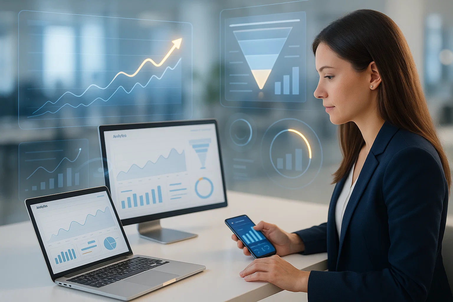 Business analytics professional working with dashboard data and growth metrics on multiple devices.