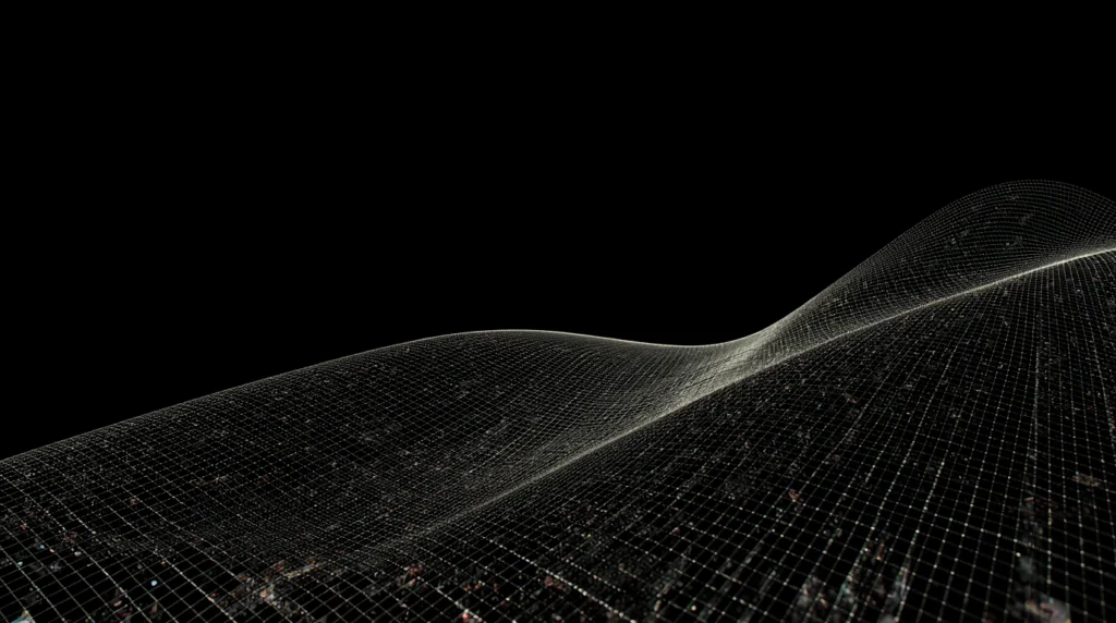 A dynamic 3D grid or "data wave" symbolizing growth and algorithms.