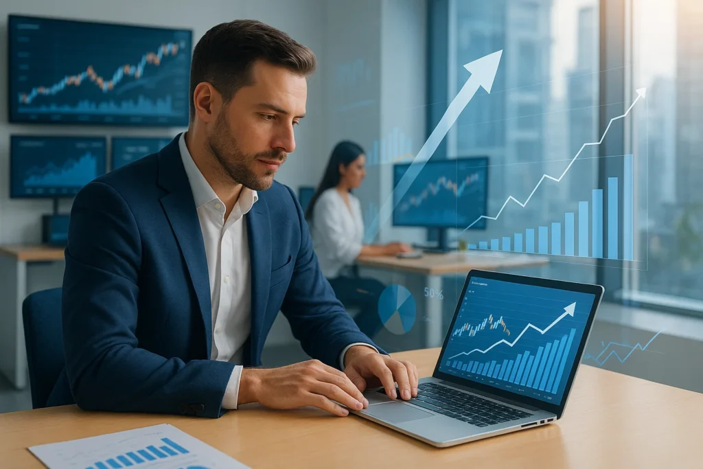 Forex analyst reviewing market performance charts and tracking trading growth on digital screens.