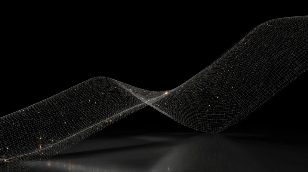 A flowing 3D data grid resembling a wave, representing growth and algorithmic activity.