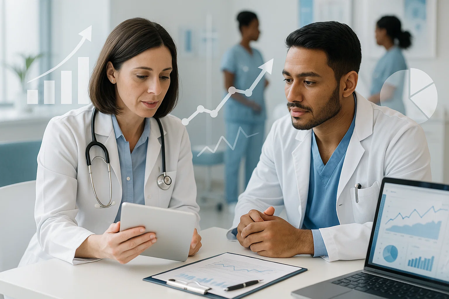 Medical team discussing performance metrics and reviewing patient data insights for growth.